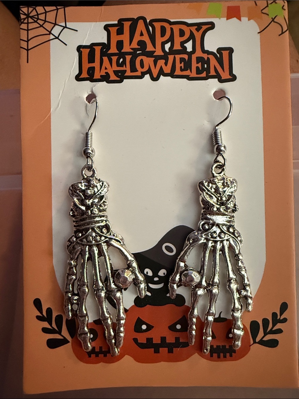 Silver Skeleton Hand Dangle Earrings - Halloween Costume Jewelry